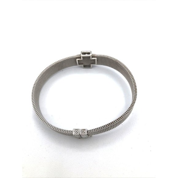 Sterling Silver Mesh Bracelet with CZ Cross Bracelet 7" - Picture 4 of 9